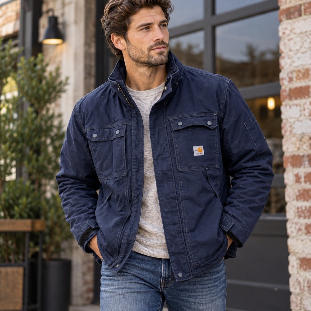 Carhartt Jacket Mens XL Navy Blue Quick Duck Full Swing FR Workwear Utility